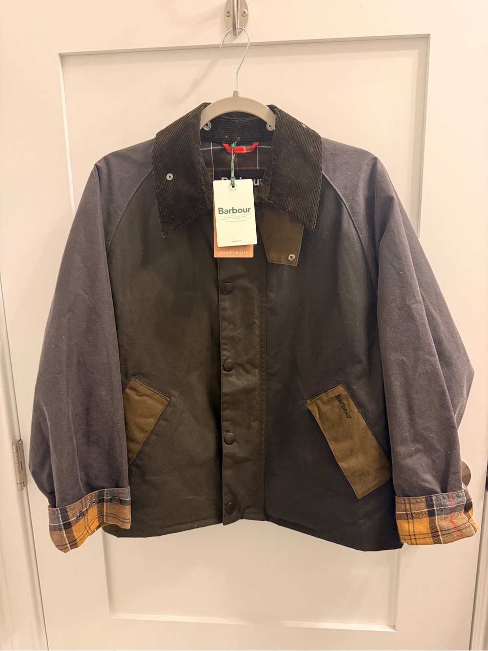 Barbour Two-Tone Waxed Field Jacket in Olive & Navy